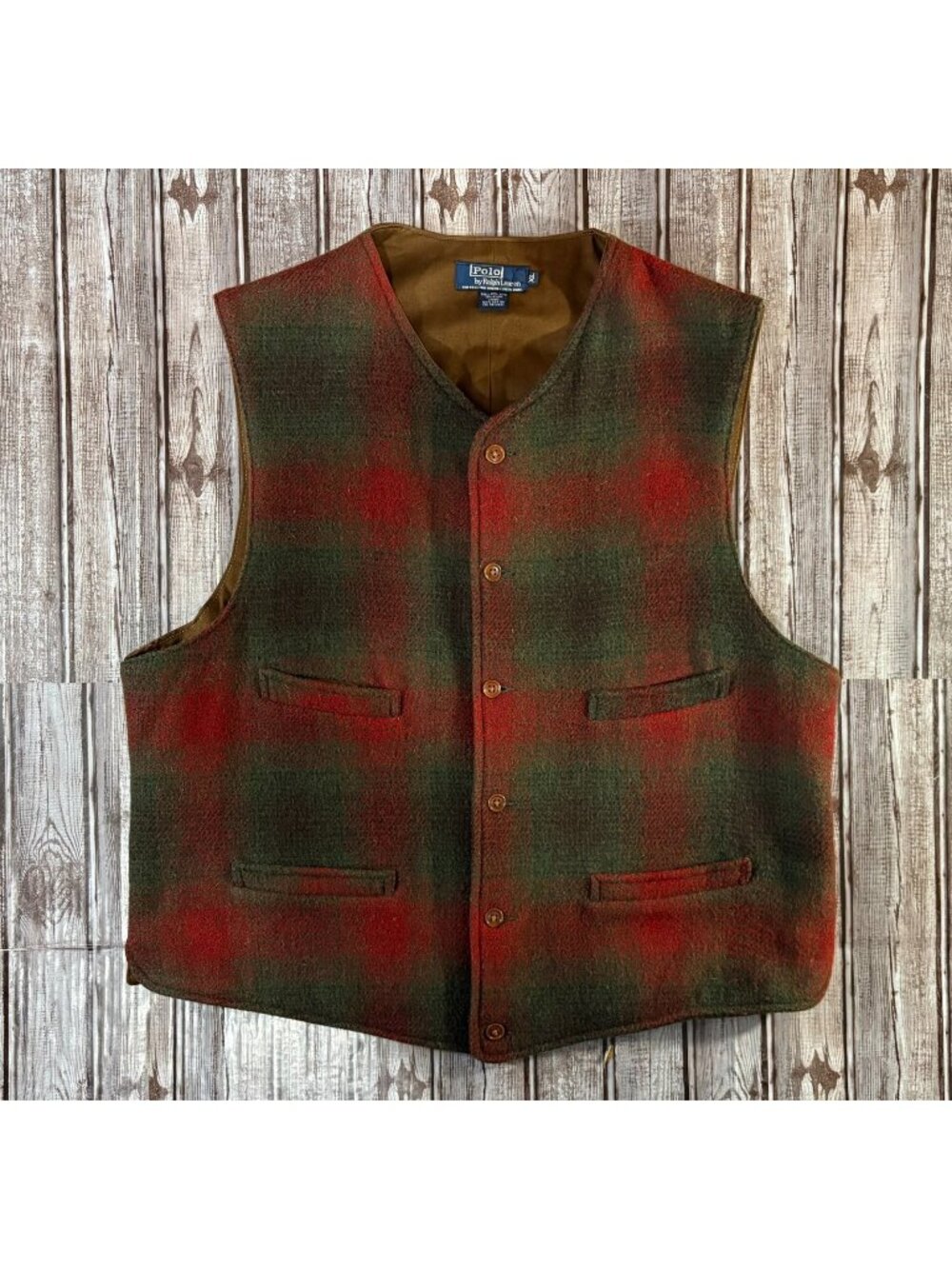 Polo Ralph Lauren Wool Shadow Plaid Vest size XL Red Green made in USA Vintage